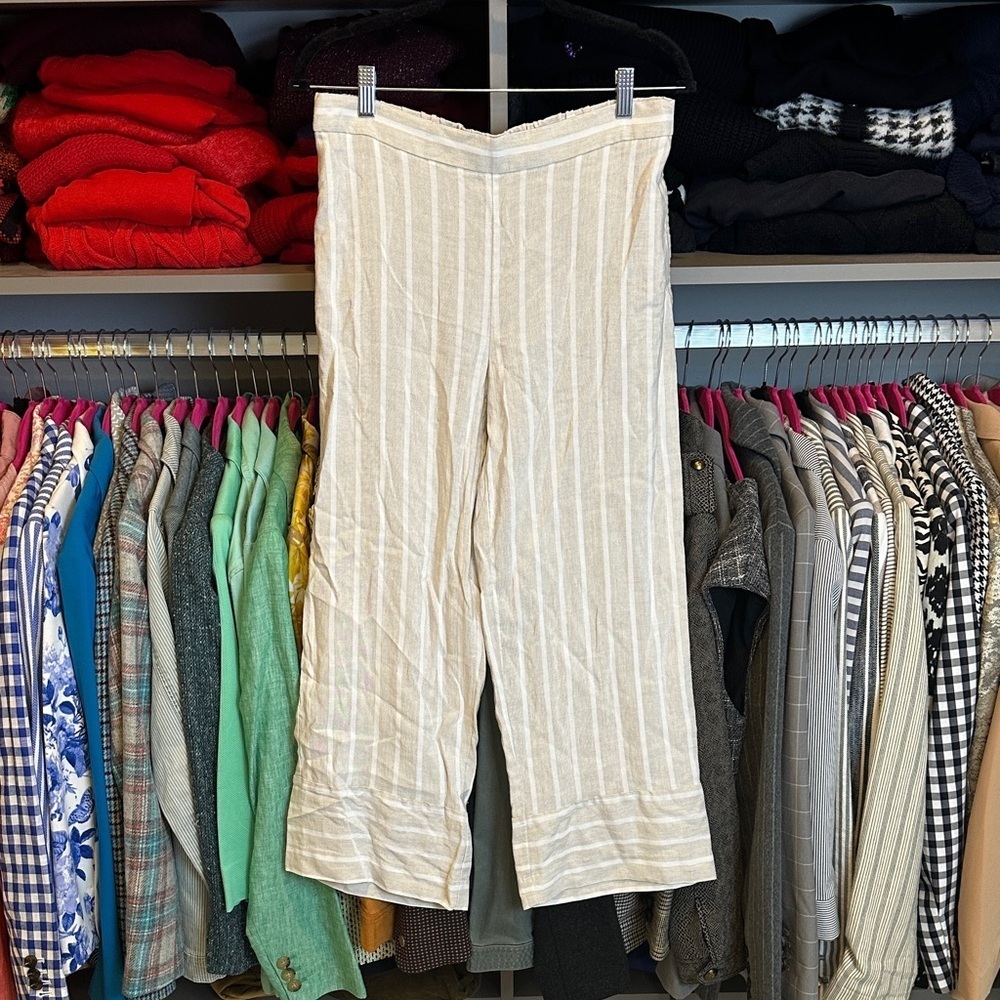 Loft cream/white striped elastic waistband viscose/linen blend pants size S